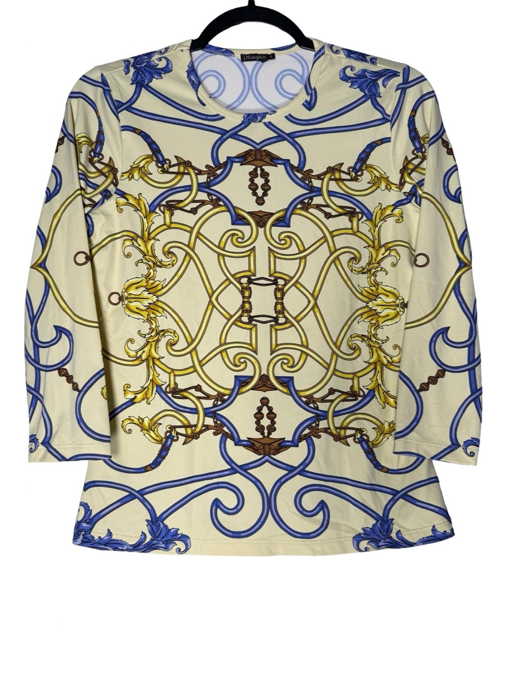 J McLaughlin Top Sz Small Equestrian Scroll Print Blue Gold Stretch Knit Casual